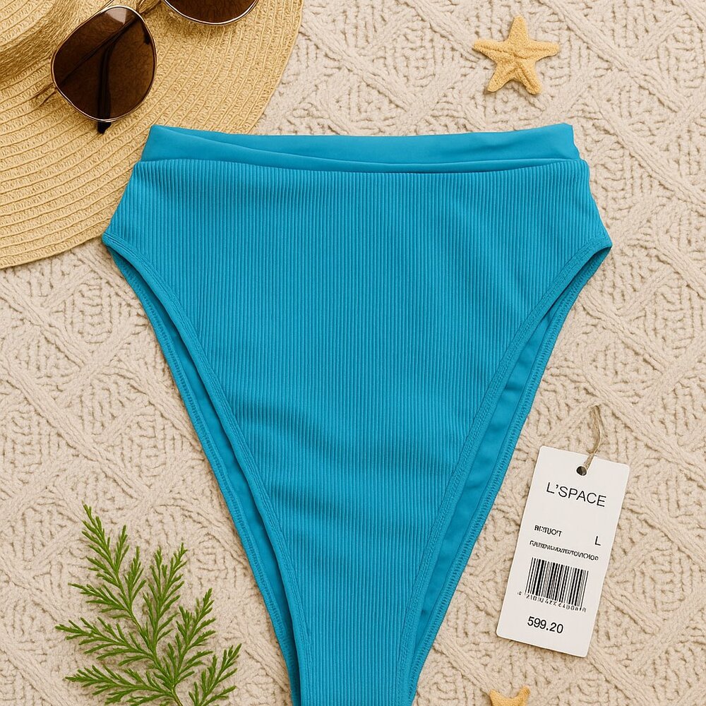 NWT L*Space French Bottom Bitsy Bikini – Aqua Ribbed High Cut Swim Bottom L